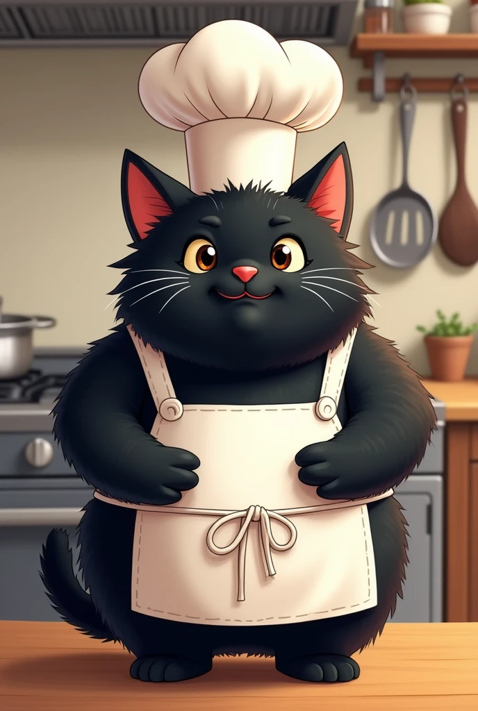 A black chubby cat named Max, wearing a chef’s hat and apron.