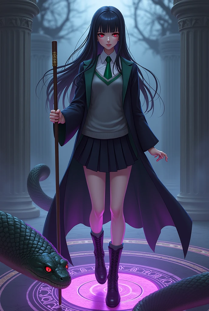 magic magic school。Snake House Student。White blouse。Green tie。Grey sweater with green V-line。Black knee-length pleated skirt。Black lace-up boots。Black robe with green lining。A thin wooden walking stick about 20cm long。Ebony。Straight long black hair。Bangs。Hime cut hair。Crimson Eyes。Mysterious beautiful girl。Quiet。Expressionless。cold gaze。Indifference。Powerful magic。Purple light。A complex and detailed magic circle at my feet.。It is accompanied by a giant, thick, poisonous snake about 10 meters long.。The snake's eyes are red and frightening, and its body is covered with shiny, deep green scales.々are doing。