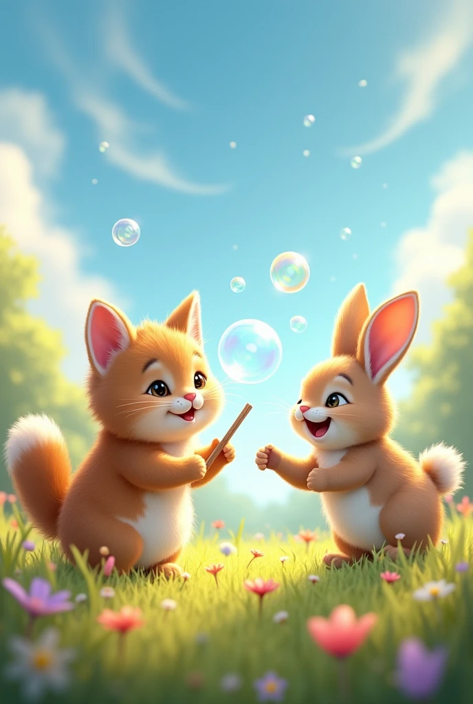 There is a cat on the left making soap bubbles,There is a rabbit jumping happily on the right