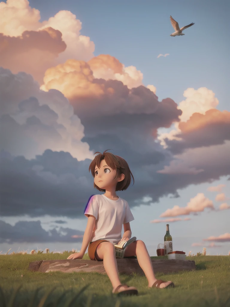 outdoors, sky, cloud, tree, no humans, night, bottle, 1girl, solo, brown hair, shirt, sitting, white shirt, short sleeves, outdoors, sky, cloud, medium hair, bird, cloudy sky, grass, scenery, sunset, sun, orange sky anime art style