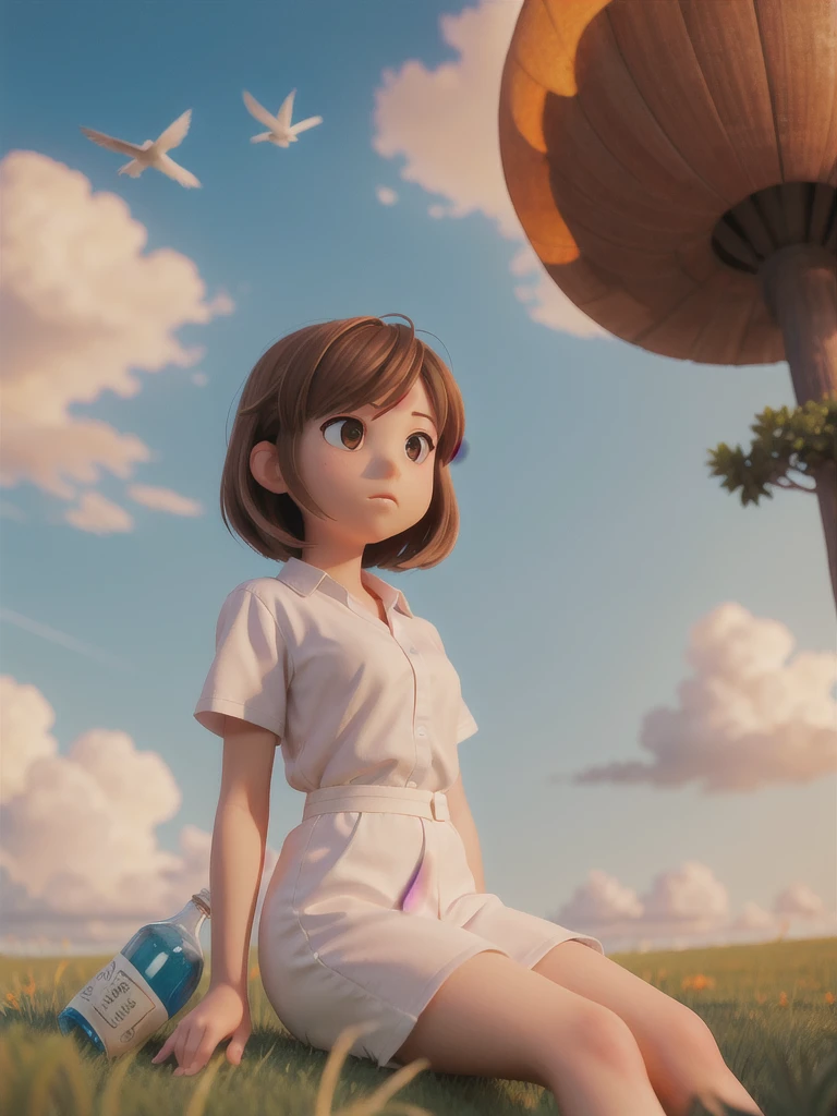 outdoors, sky, cloud, tree, no humans, night, bottle, 1girl, solo, brown hair, shirt, sitting, white shirt, short sleeves, outdoors, sky, cloud, medium hair, bird, cloudy sky, grass, scenery, sunset, sun, orange sky anime art style