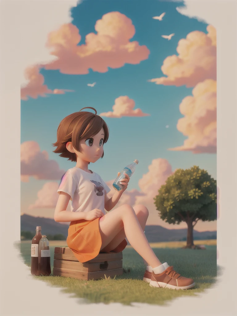 outdoors, sky, cloud, tree, no humans, night, bottle, 1girl, solo, brown hair, shirt, sitting, white shirt, short sleeves, outdoors, sky, cloud, medium hair, bird, cloudy sky, grass, scenery, sunset, sun, orange sky anime art style