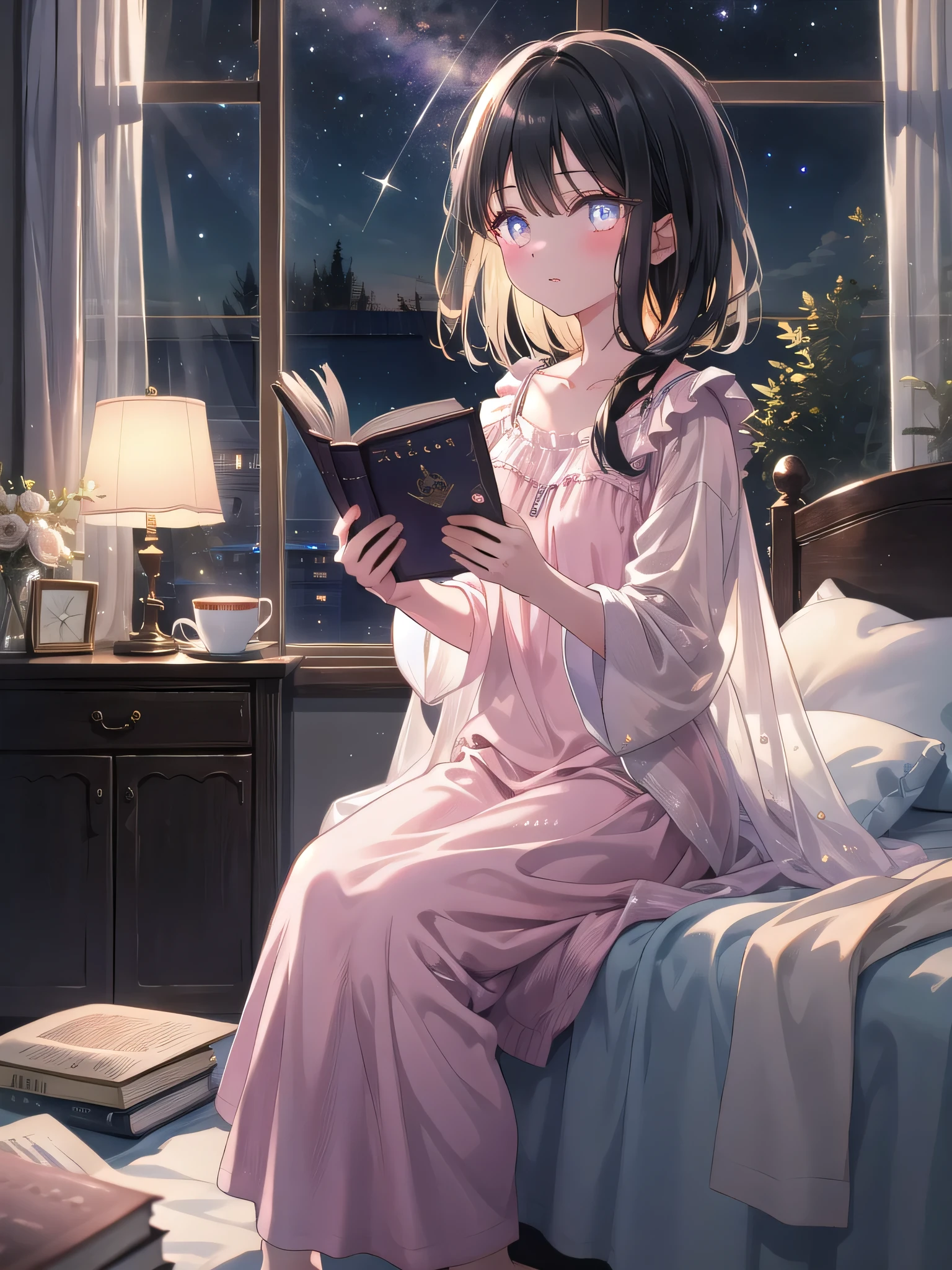 ((8k, Highest quality, masterpiece: 1.3)),Ultra-high resolution,(1 girl, alone), (Color changing eyes, Ultra-detailed, Expressive brilliance, Glitter, Glowing Eyes), Highly detailed eyes, Highly detailed face, Random Hair, ((pastel colour))A young girl with long, straight black hair sits by the window in her bedroom, reading a book. She’s wearing a simple, light-colored nightgown, perfect for winding down in the evening. Her expression is peaceful and content, her eyes soft and calm as she looks up from her book to meet the viewer's gaze. The room is dimly lit, with the soft glow of a bedside lamp creating a cozy atmosphere. The window behind her shows the darkening sky, with the first stars beginning to twinkle. A cup of tea sits on the small table beside her, adding to the relaxed ambiance.