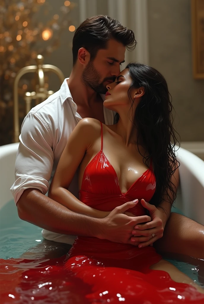 A handsome man in white shirt wet in water holding a beautiful woman in red gown wet in water lying in a bathtub. The man hugging the woman from back