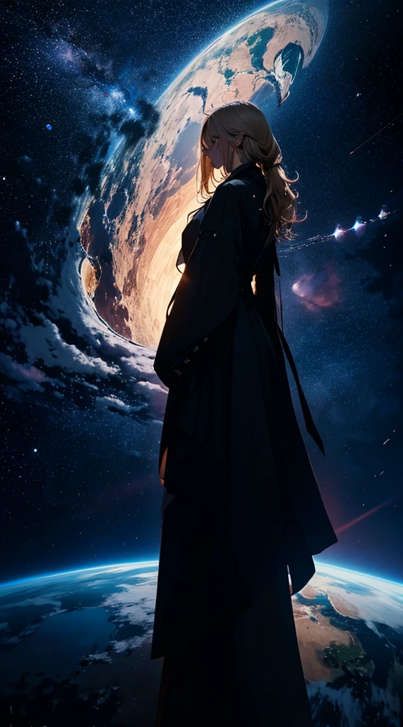 1people々々々々々々々々々々々々々々々々々々,Blonde long-haired woman,Long coat, Dress Silhouette, Rear View,Space Sky, cracked earth,