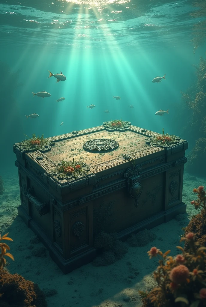 show an old , decorated box, which sank in the lake. it is under water