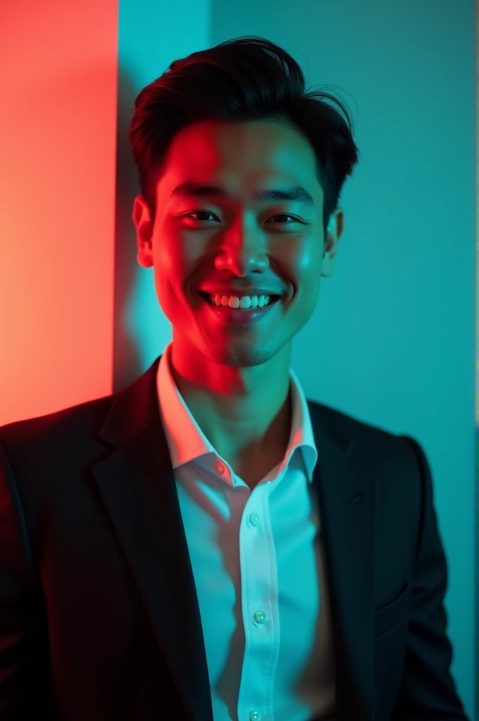 A young man with dark hair and a confident smile. He is dressed in a black blazer over a white shirt. The man is positioned against aqua colour backdrop with a subtle red lighting on the left side. and he posing for LinkedIn profile