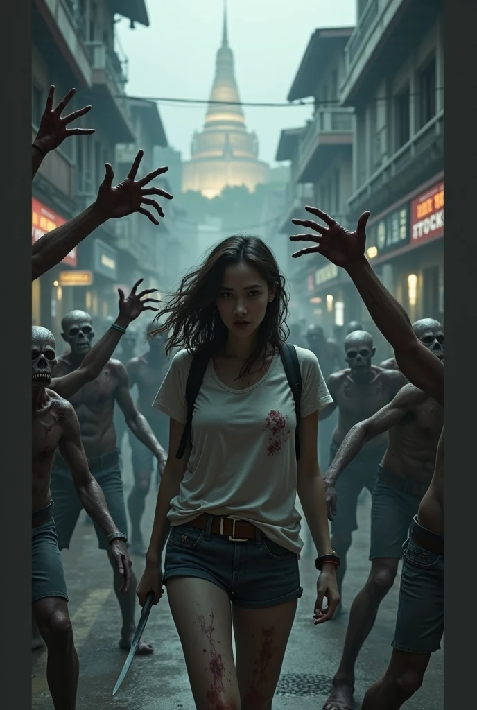 A Thai girl with long hair reaching her mid-back is walking forward, her face filled with fear. Behind her, a fence is covered with zombies reaching out their arms towards her. The scene is set at dusk, capturing a sense of urgency and dread. Use intense color grading and a mix of close-ups and wide shots to convey the dramatic atmosphere.