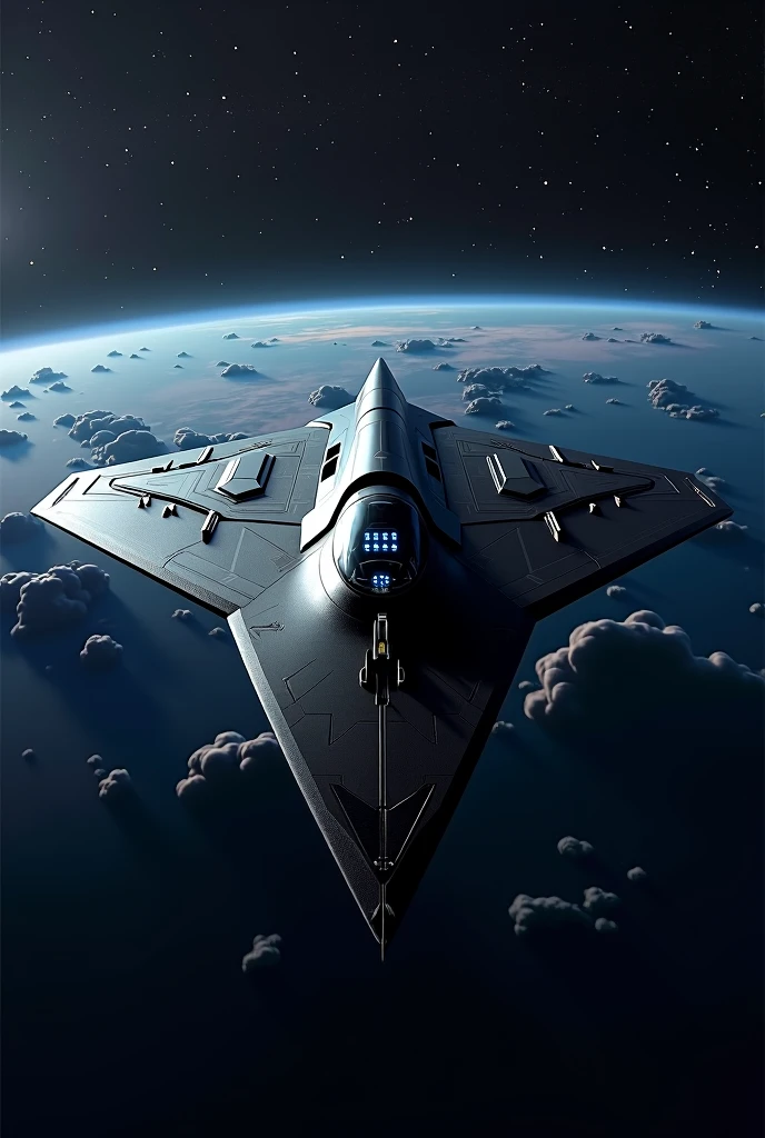 Hyper-advanced 7th generation space-capable stealth fighter, absolutely no vertical stabilizers or tail surfaces of any kind. Perfectly symmetrical flying wing design with ultra-smooth blended body. Extremely low-observable shape with faceted surfaces and no visible joints or seams. Completely flat upper and lower surfaces with no protrusions. Unmanned, no cockpit visible. Ultra-black light-absorbing coating with subtle hexagonal pattern. Retractable weapon bays seamlessly integrated into the wing-body. Quantum AI core hidden within. Swarm of small stealthy drones in symmetrical formation around the craft. Advanced space propulsion system with faint blue glow at rear edges only. Self-repairing smart skin with uniform texture. Holographic displays projected internally. Flying in deep space with Earth as a small blue marble in far background, surrounded by vivid starfield. Photorealistic, highly detailed, dramatic lighting emphasizing stealth contours, 8K resolution, front three-quarter view showing perfect bilateral symmetry and sleek, tailless profile.