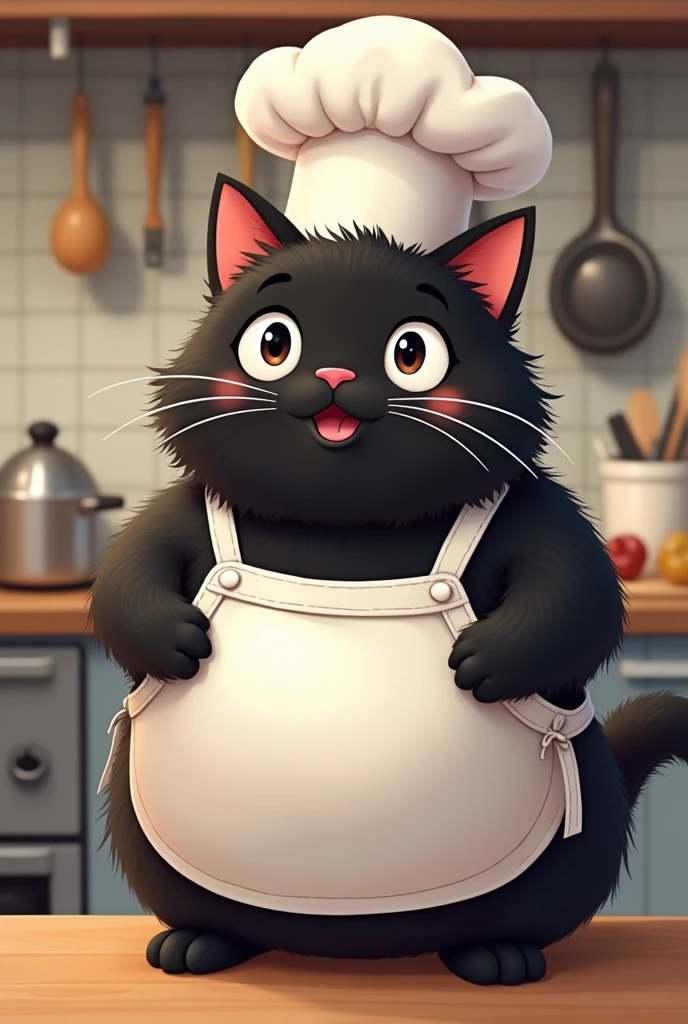 A black chubby cat named Max, wearing a chef’s hat and apron.
