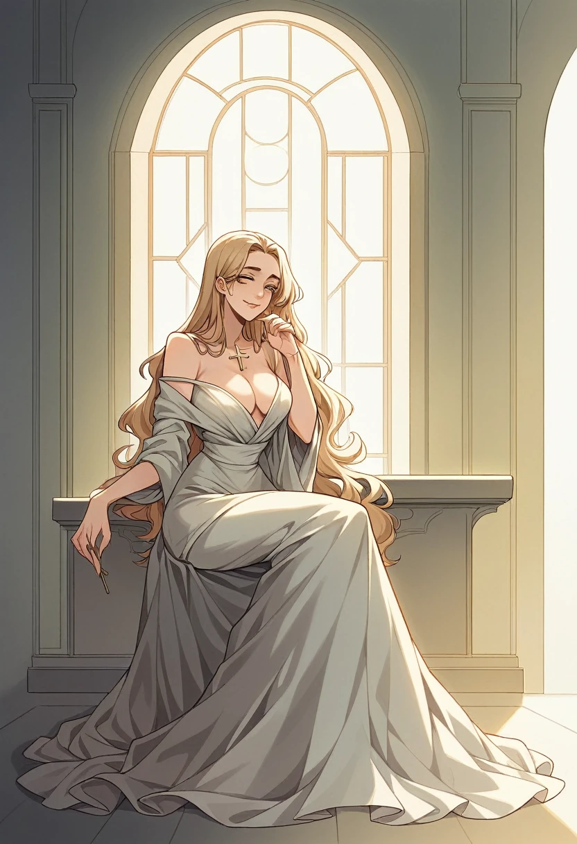 ((full body)), ((Shoot at random angles)), ((Visible cleavage)), ((E-cup)), ((I-type Valley)), ((Warm colors)), Long-range shooting, A beautiful woman sits on a chair,Elegant posture,Slender figure。Her legs are slender and straight,Cross placement,Forming a perfect diagonal composition。Her upper body leaned back,Head gently sideways,Long blond hair falls naturally,Gently brushing her shoulders。Soft colors,In stark contrast to her fair skin。The edge of the skirt ripples gently,As if swaying in the breeze。Her eyes were gentle,There is a faint smile on the lips。A sunny room in the background,The sunlight coming in through the window casts soft shadows on her face and body.,The whole picture looks very harmonious and beautiful