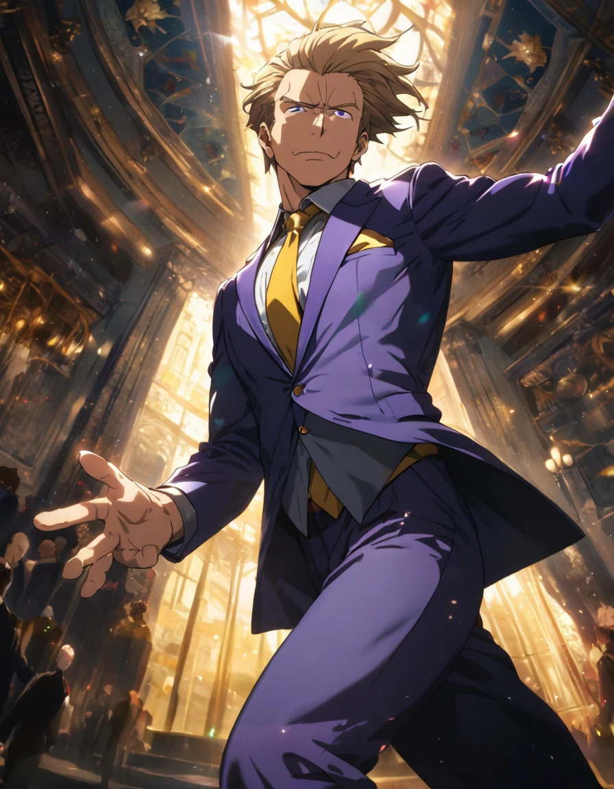 1man, solid mature male, masculine president, spiked slicked back, olive hair, darkblue eyes, businessman hairstyle, elegant japanese, toned playboy, ideal ratio body proportions, BREAK violet formal jacket, purplewhite shirt, yellow necktie, BREAK solo, cool emotion, american dream, BREAK solo, upperlegs, dynamic expression, game keyvisual, 2000s, in eroge style, in nitroplus style, BREAK depth of field, dutch angle, cinematic shadows, cinematic lighting, lens flare, light leaks, texture, absurdres absolutely resolution, extreme all detailed, greatest painting, BREAK masterpiece, best quality