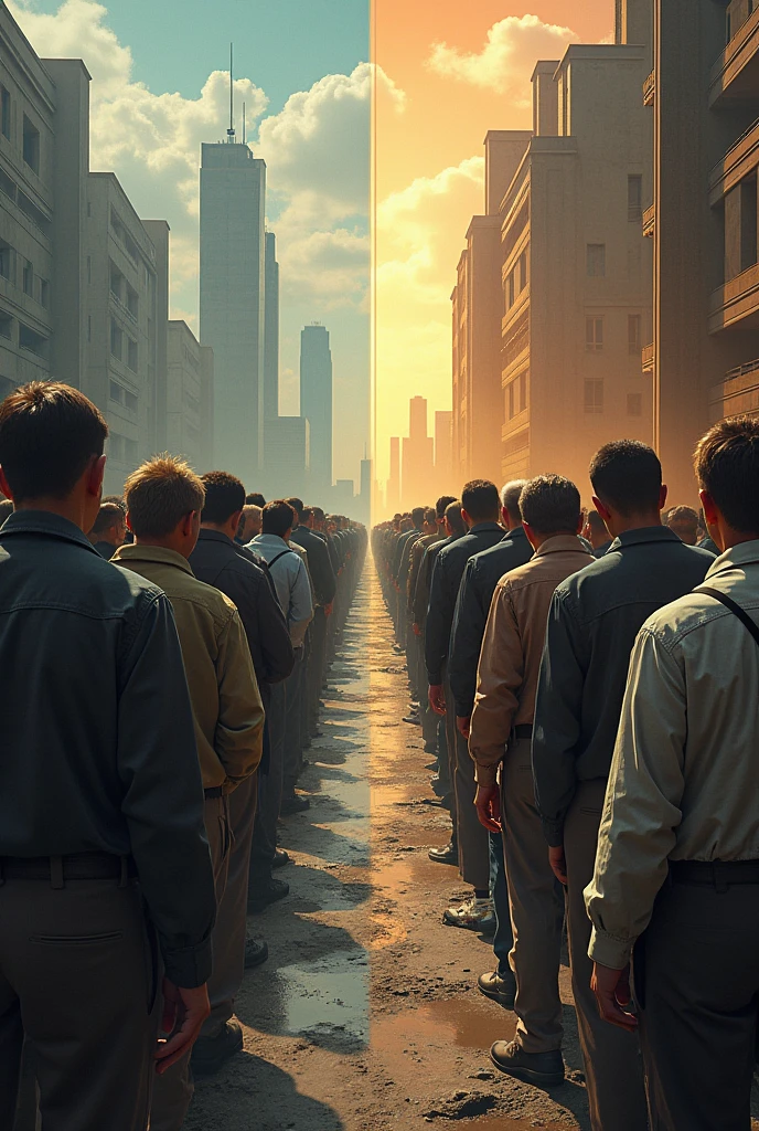 "Create a striking image illustrating mass unemployment and economic inequality. On one side, depict a group of unemployed individuals in a desolate urban environment, with signs of poverty such as worn clothing and downcast expressions. They could be shown in a long queue outside a job center or a public aid office, emphasizing their struggle. On the opposite side, contrast this with scenes of wealth, featuring opulent surroundings like a high-end office building or a luxurious café, with well-dressed individuals engaged in celebratory activities. Use muted, somber tones and harsh lighting to highlight the desperation of the unemployed, and bright, affluent colors with soft lighting to showcase the wealth, creating a powerful visual contrast that underscores the stark divide between economic classes."