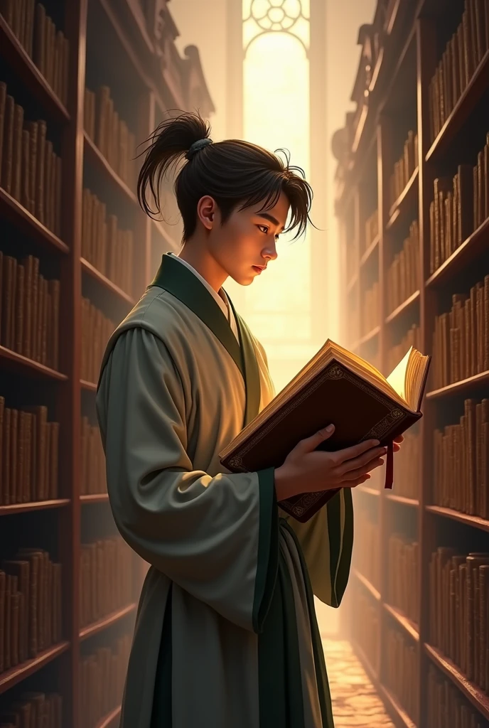 A young scholar holding an ancient book of Shan Hai Jing，Standing in an ancient library。