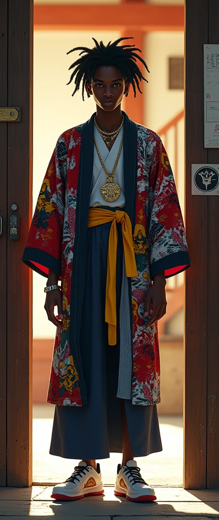 a figure appears in the doorway—a BLACK AFRICAN MALE STUDENT, her friend. He’s rocking a unique look: a traditional kimono with bold hip-hop elements like patches, chains, and graffiti-style prints, blending culture with street style effortlessly. He exudes the same level of swagger, if not more, his presence instantly commanding attention.