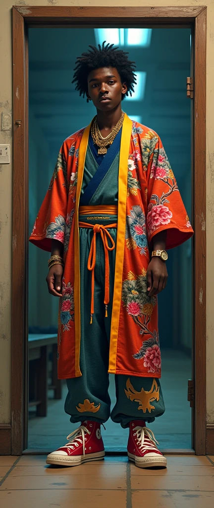a figure appears in the doorway—a BLACK AFRICAN MALE STUDENT, her friend. He’s rocking a unique look: a traditional kimono with bold hip-hop elements like patches, chains, and graffiti-style prints, blending culture with street style effortlessly. He exudes the same level of swagger, if not more, his presence instantly commanding attention.