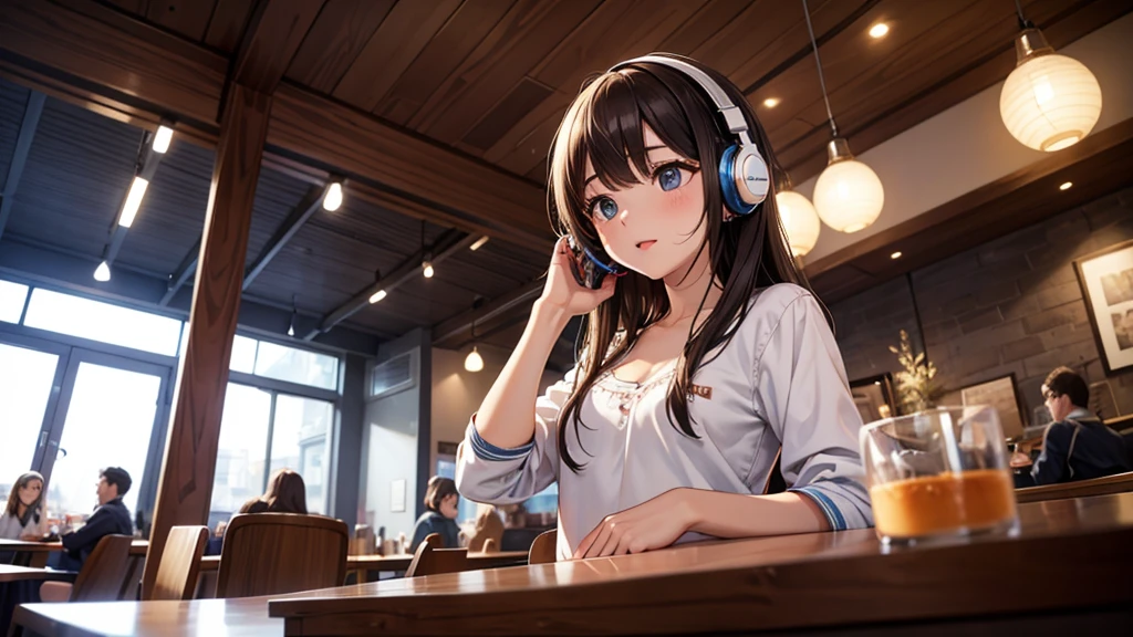 Girl with headphones enjoying music in a cafe I am studying Emphasize a little bit of the chest