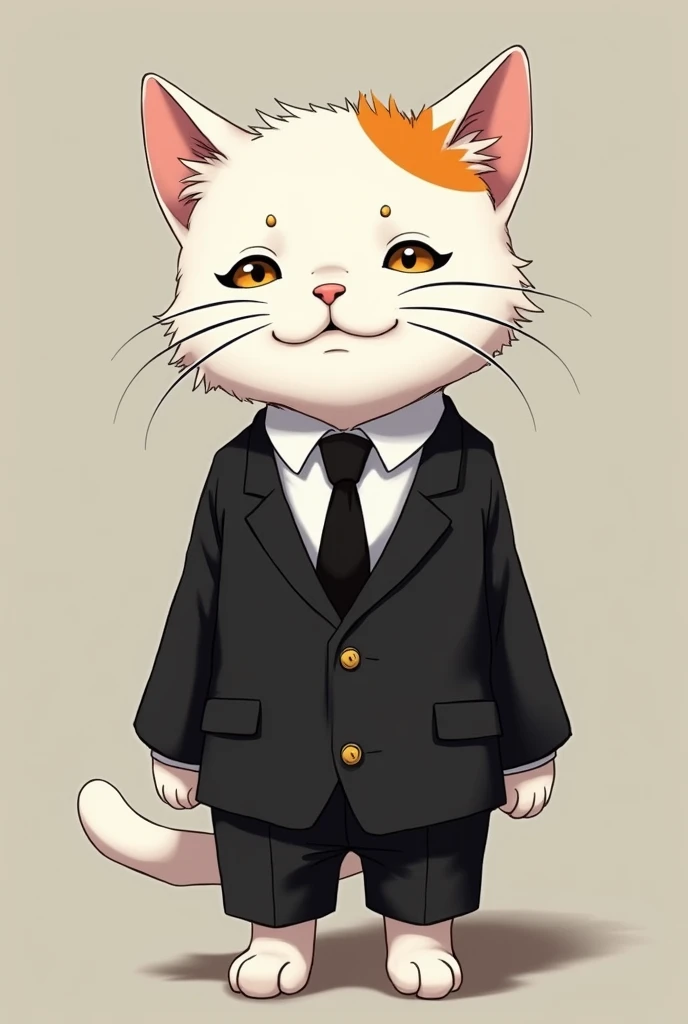 A white cat with an orange spot on its head dressed as Sanji from One Piece