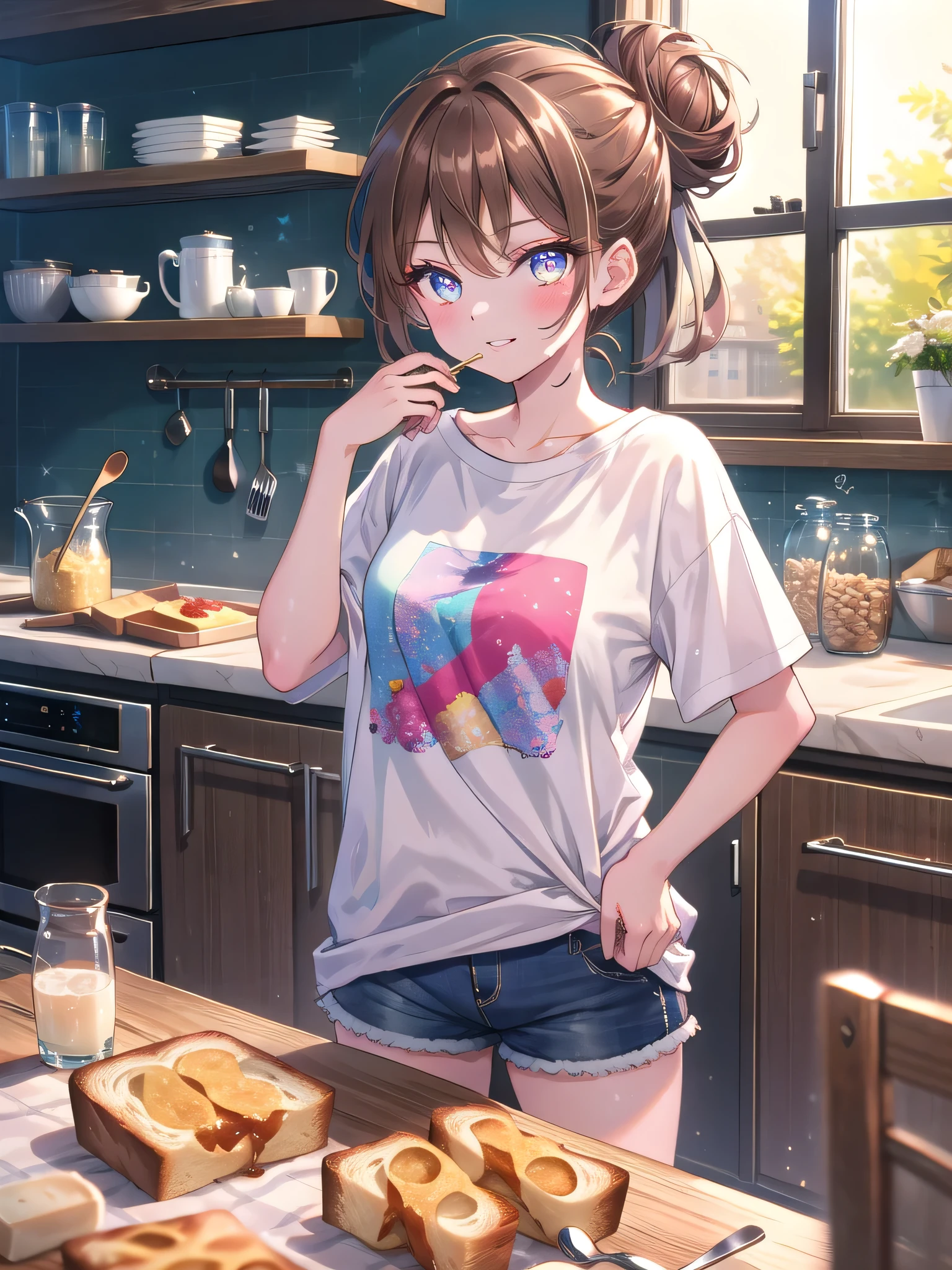 ((8k, Highest quality, masterpiece: 1.3)),Ultra-high resolution,(1 girl, alone), (Color changing eyes, Ultra-detailed, Expressive brilliance, Glitter, Glowing Eyes), Highly detailed eyes, Highly detailed face, Random Hair, ((pastel colour))A young girl with dark, wavy brown hair tied back in a loose bun stands in the kitchen, pouring cereal into a bowl. She’s dressed in a casual, oversized T-shirt with a cute print and pastel-colored shorts. Her expression is playful, with a small smirk on her lips as she looks directly at the camera, a mischievous glint in her eyes. The kitchen is bright and modern, with white countertops and a large window letting in natural light. On the counter beside her, there’s a glass of milk, a spoon, and a few slices of bread on a cutting board. Her free hand is on her hip, adding to her confident demeanor.