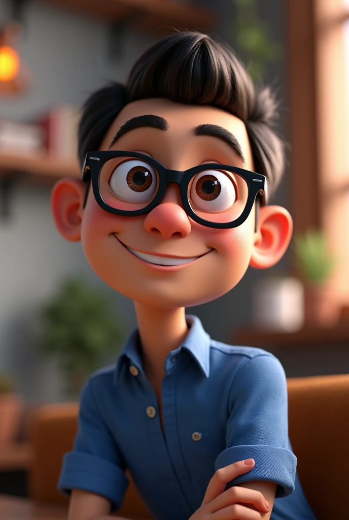 Cartoon character of a man in black glasses and blue shirt, an animated character, stylized character, animation style rendering, 3d stylized, Arnold Maya rendering, Stylized 3D rendering, toon render screenshot, 3d character, 3d character, Stylized 3D rendering, 3D character rendering, cartoon character, Personagem de close up, character posing, (Pixar-style) (master part:1.2) (bokeh) (best qualityer) (skin detailed) (detailed texture) (8k) (Argilla) (cinematic lighting) (sharp focus,Sit down and lift your upper body