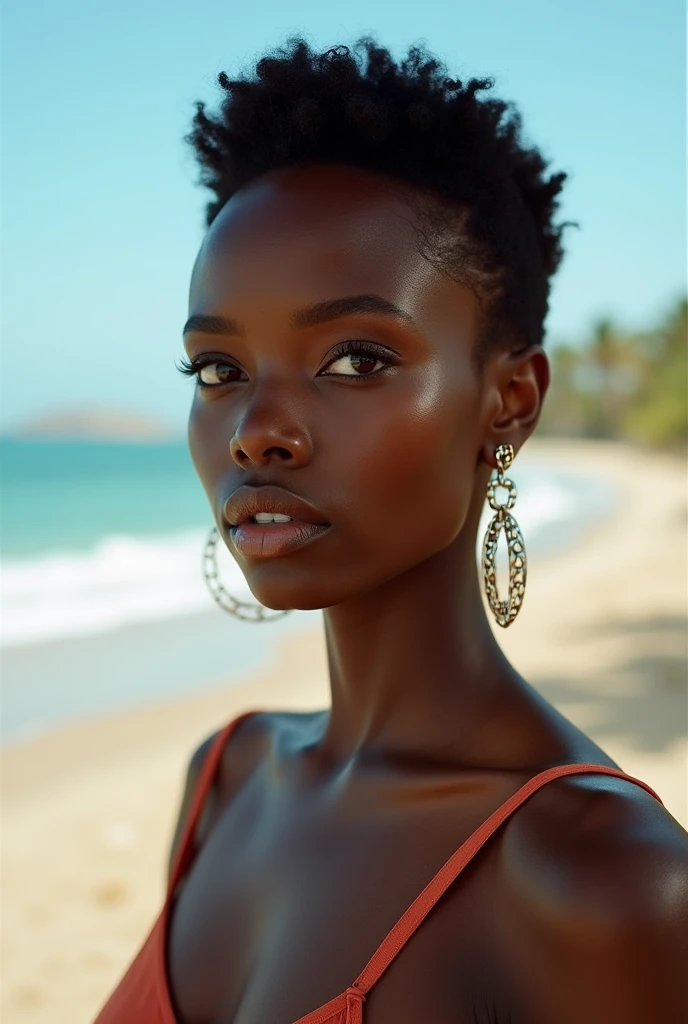 femme africaine ,les cheveux court le regard vers nous ,sur une plage