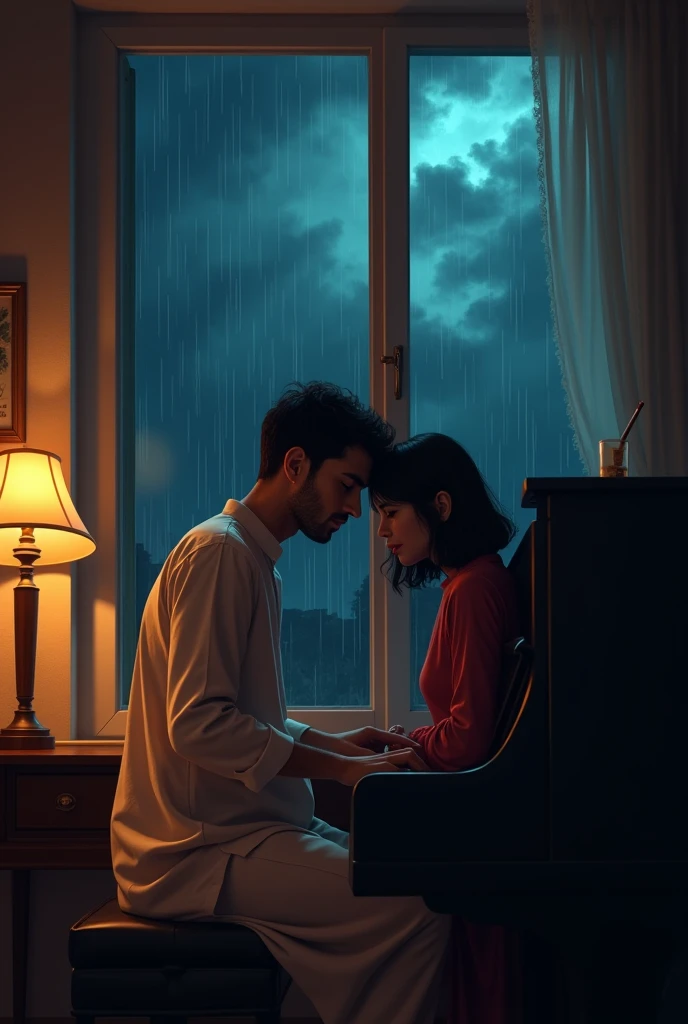 Big living room, cozy with sofas and center table, warm dark lighting, heavily raining outside with thunder, very dark night time, beautiful window, man with very light stubble, long nose, wearing kurta and tight pajama and durre najaf ring on ring fingerof right hand, playing an upright piano, women  sitting at side smiling with her head leaned on his shoulder face not visible, square dimension
