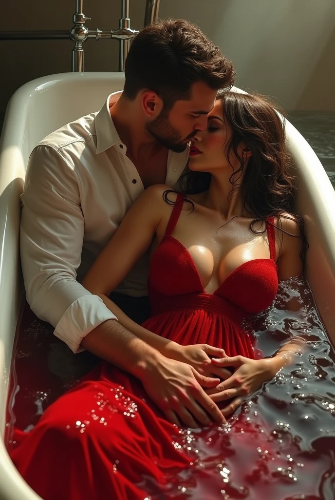 An exquisite, hyper-realistic photograph
capturing the iconic scene from "American
Beauty" A luxurious marble bathtub is
filled with crystal-clear water, adorned
with a lush bed of vibrant red rose petals. A
woman, naked and exuding sensuality and
serenity, reclines partially concealed by the
petals within the tub. A man kneels beside
the tub, engaged in conversation with her,
his thoughtful and attentive expression
mirroring the intimate atmosphere.
The room is bathed in soft, warm, and
natural light, enhancing the overall serene
ambiance