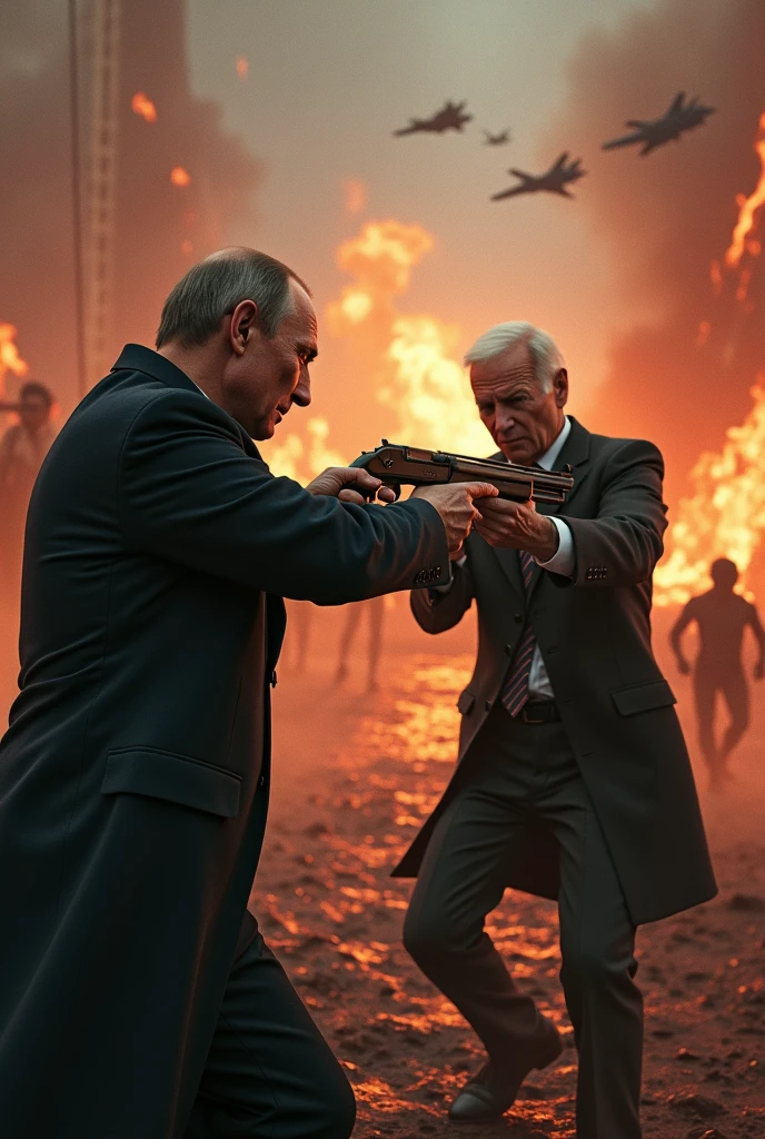 (photorealism:1.2), Putin is trying to kill biden with shotgun from DOOM, hell around, Biden is scared, f-16 and FPV drones in air, demons around,