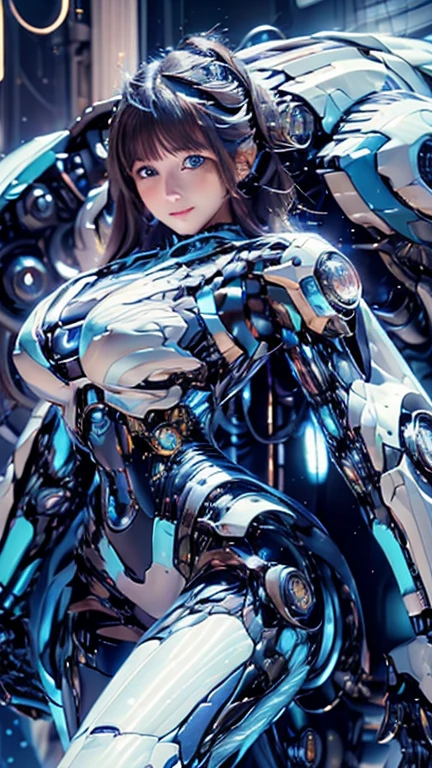 Wide-angle shot, 1 female, Mecha, Sparkling Blue Eyes, Very cute face, (Realistic:1.37), バイオMechaニカル, Spaceship interior bokeh background, Ultra-realistic, Very detailed, Very intricate details, Beautiful woman in focus