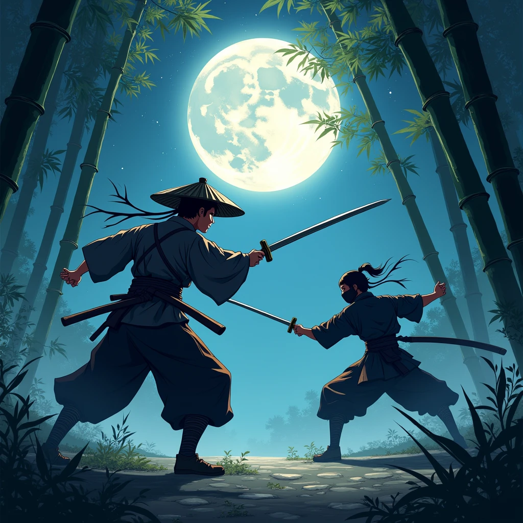samurai vs ninja, hold a Katana, Japanese conical hat, hakama, aesthetic, wide shot, cinematic lighting, ultra wide angle, moonlight, starry sky, bamboo forest, animation style, battle scene,