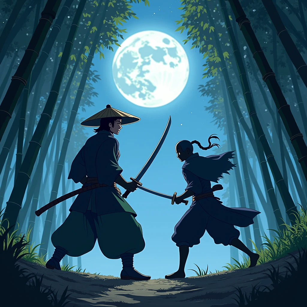 samurai vs ninja, hold a Katana, Japanese conical hat, hakama, aesthetic, wide shot, cinematic lighting, ultra wide angle, moonlight, starry sky, bamboo forest, animation style, battle scene,