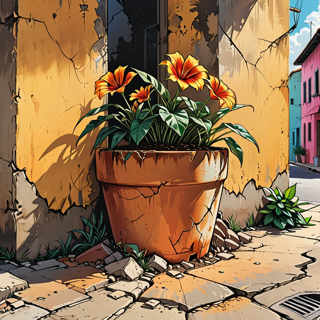 (((big cracks on the pot,big cracks on the ground,big cracks on the walls of the street,))) roots, 
half flower pot,
close-up, broken pot with soil and flower, roots with flower, ((big deep cracks)), (((broken pot))), on a tropical street, wall, flower lies on the ground,  graphic style of novel comics, 2d, 8k, hyperrealism, masterpiece, high resolution, best quality, ultra-detailed, super realistic, Hyperrealistic art, high-quality, ultra high res, highest detailed, lot of details, Extremely high-resolution details, incredibly lifelike, colourful, soft cinematic light,