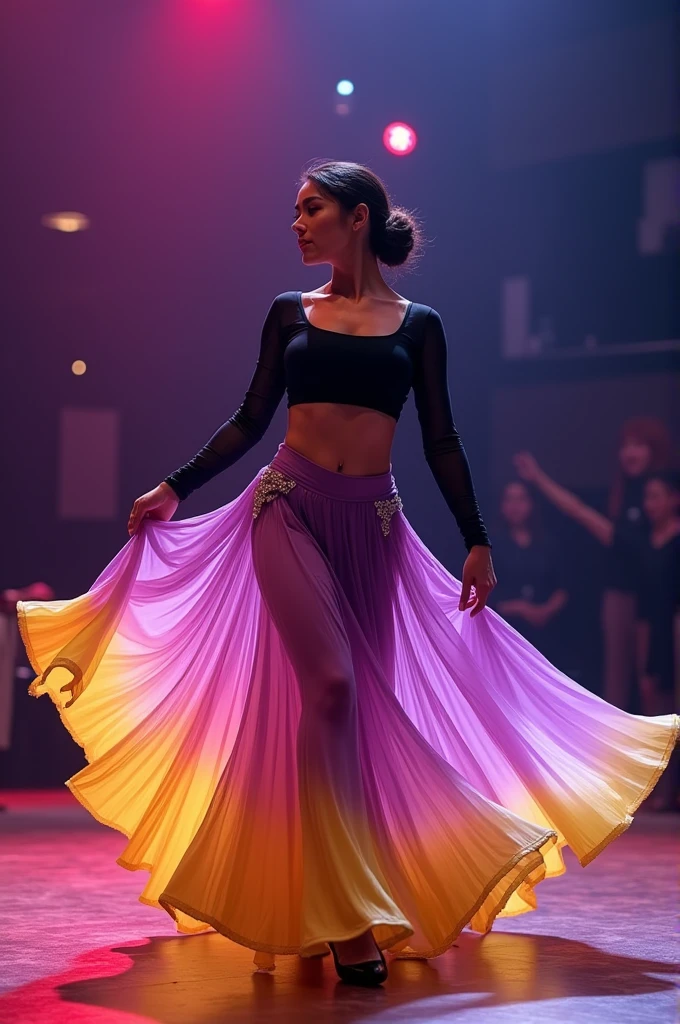 I need a dance costume for the music mil pasos. I want a lilac and yellow skirt in gradient color and on top it can be a black top or long sleeves.