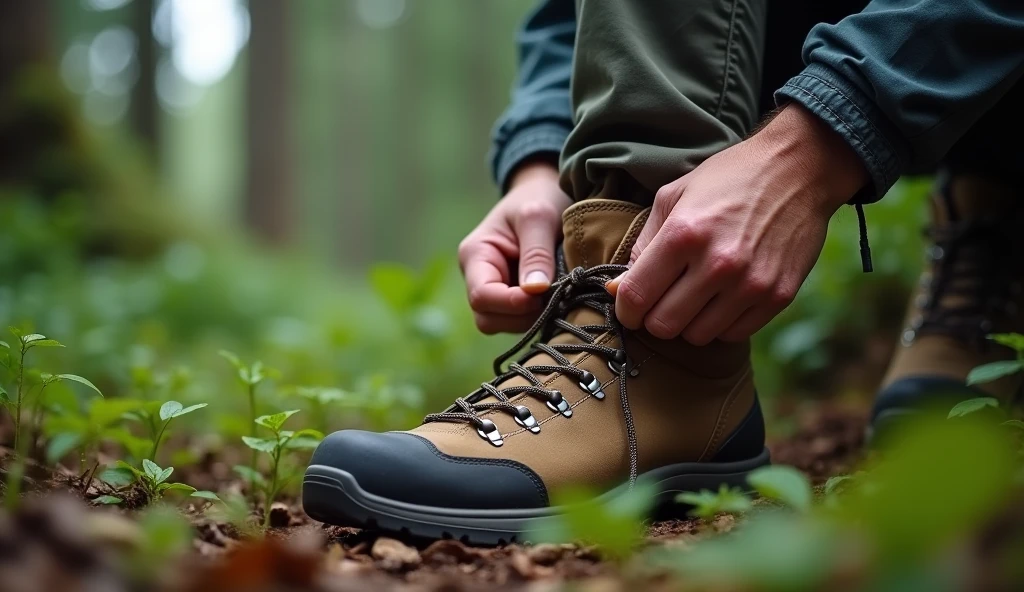 person tying shoelaces, putting on hiking boots preparing to walk in the forest. Close up of hands tying shoelace