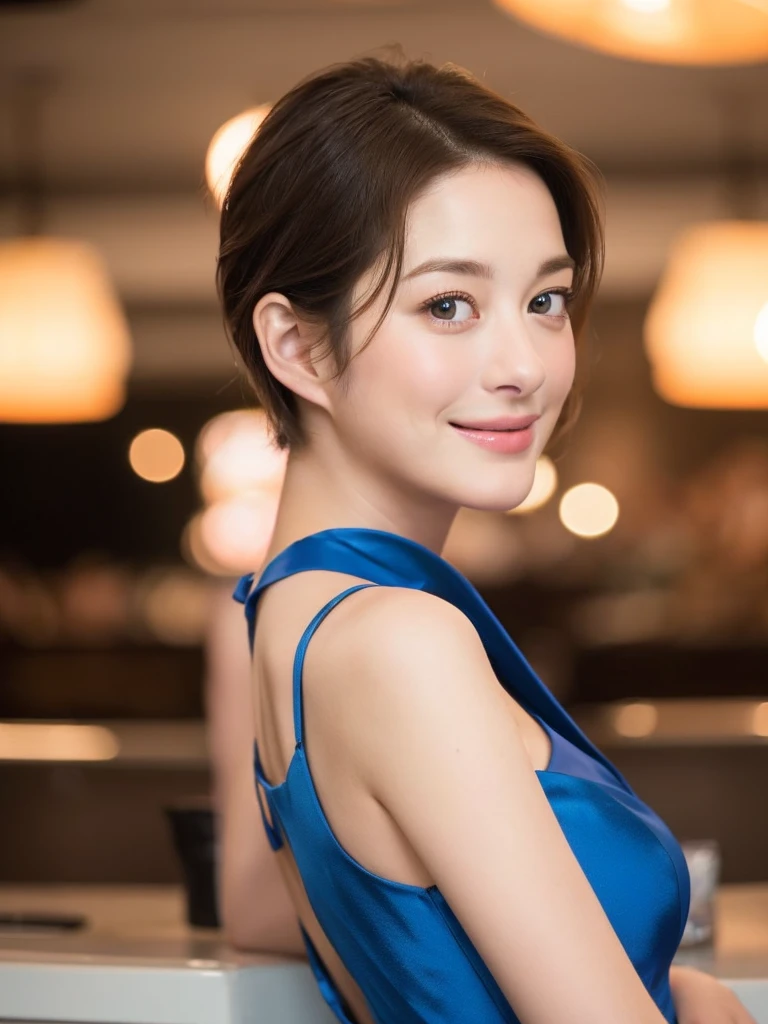 a Close-up portrait of gorgeous smiling cute Japanese woman in a glamorous blue dress outfit, delicate facial features, porcelain-skinned, ponytail, a fusion of young Marion Cotillard's striking eyes and young Anne Hathaway's introspective gaze, long and slender cute face, curved eyebrows, droopy hooded eyes, lower nasal bridge, slim wavy nose, smiling, thin lips, short pixie cut hair, silhouette, bokeh, lobby bar lounge background,