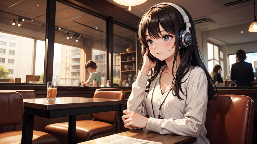 Girl with headphones enjoying music in a cafe　I am studying　Emphasize a little bit of the chest