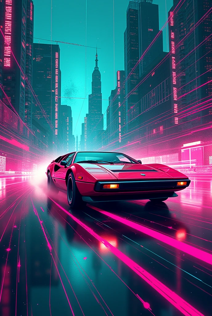 "A retro t-shirt design featuring a stylized 80s sports car driving into a futuristic cityscape. The design uses neon colors like pink and teal, with a grid background and a distressed texture."