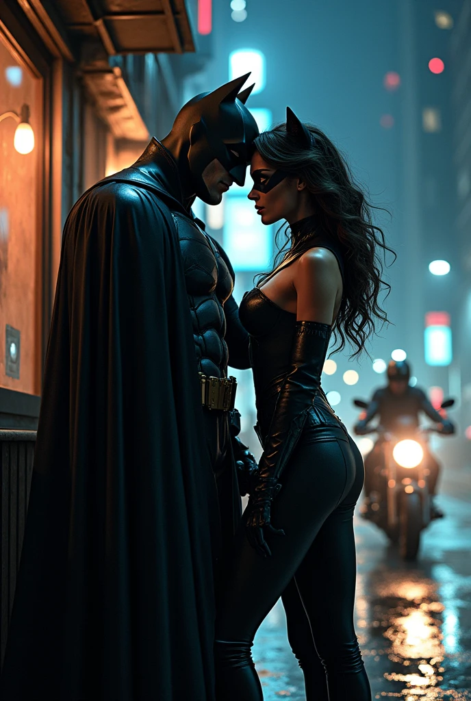 Batman next to Catwoman, sitting in a canteen, leaving the canteen, outside in the street, They leave on the motorcycle, driving, He riding his motorcycle taking her home, He leaves her at the door of the house