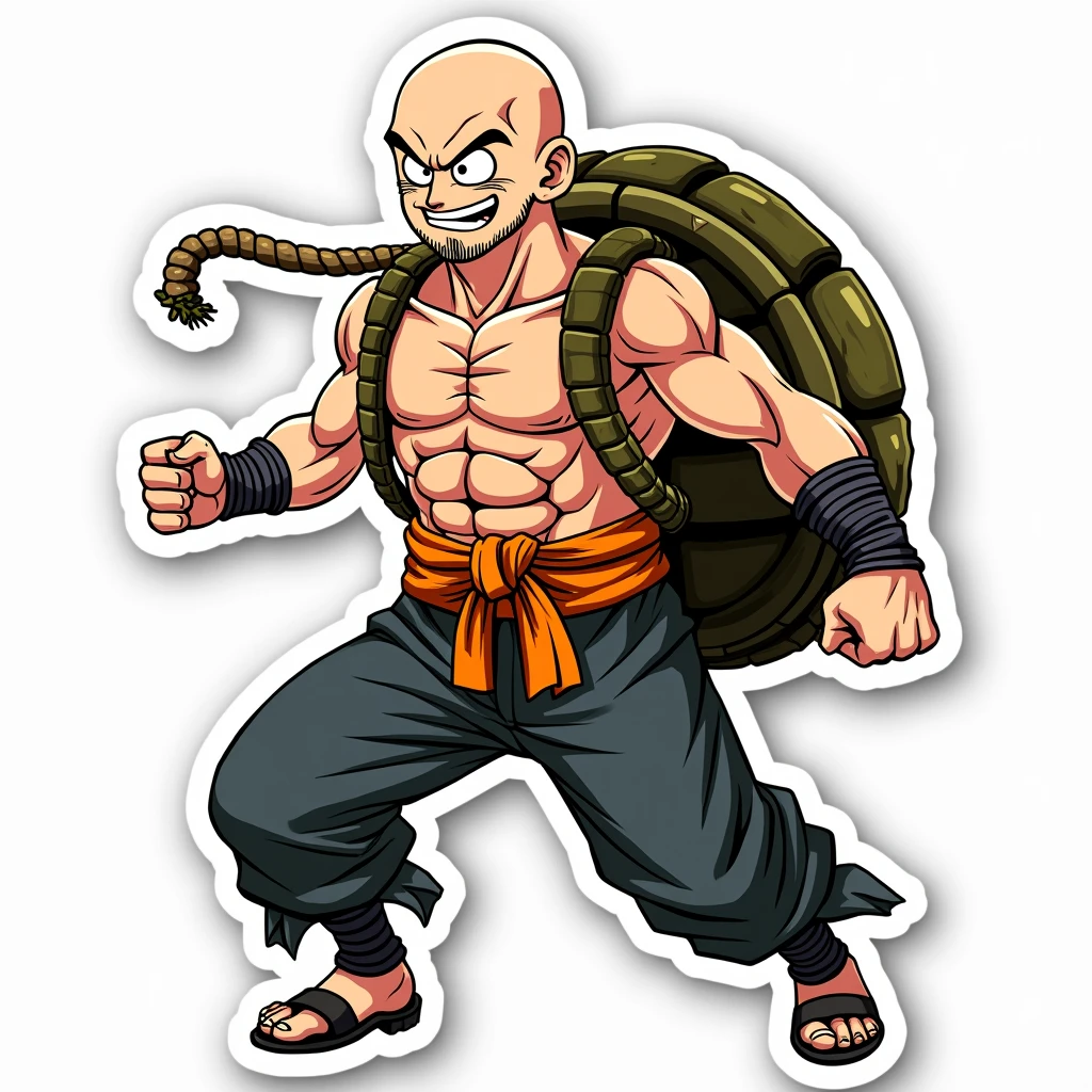"Turtle Shell Training" Sticker: Depicting Roshi in his turtle shell training gear, this sticker highlights the master's unique methods of pushing his students to their limits. The design features a bold, dynamic pose and a color scheme that evokes the rugged, outdoor environments of the Dragon Ball Z world, on a white background.