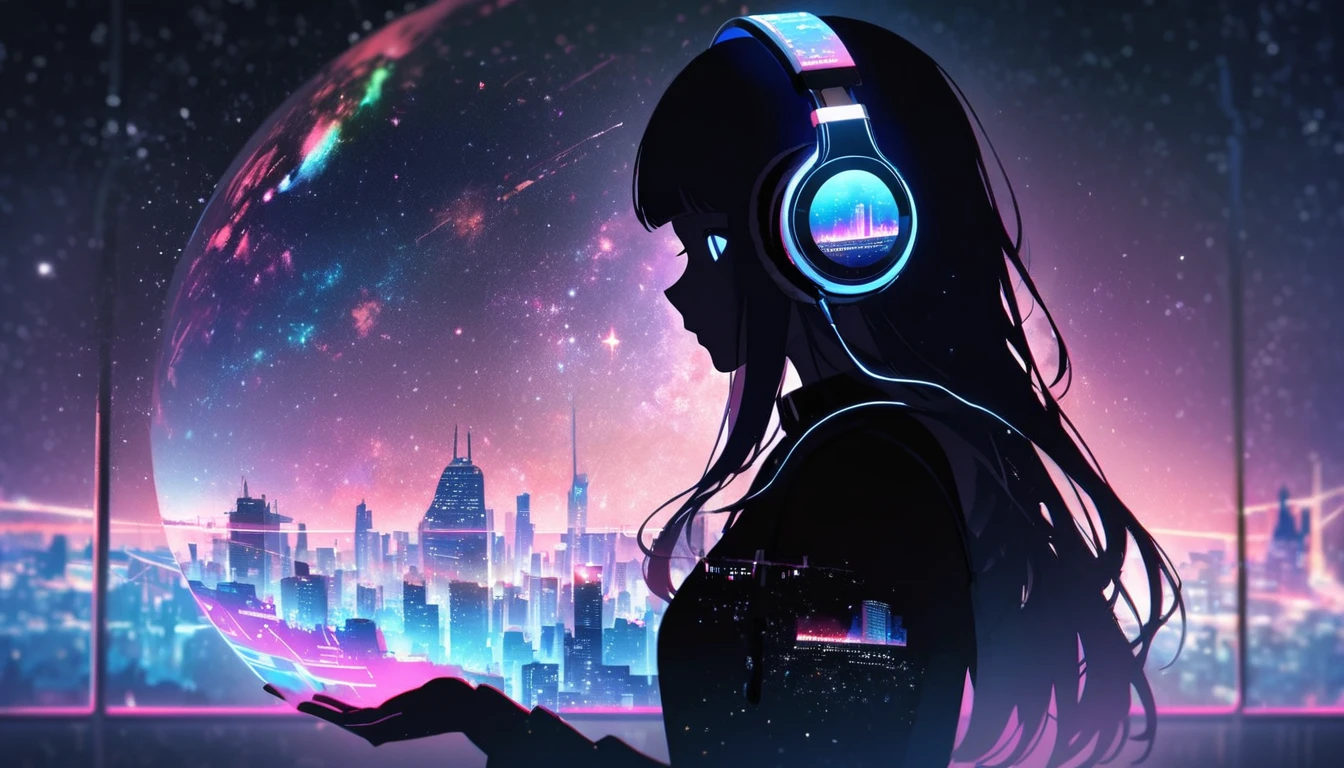 woman profile silhouette.(Long Hair:1.3), Blunt bangs,Starry Sky, (Headphones:1.3), Inside the silhouette you can see the Double exposure with a deep space, universe, Neon Light、Cyber City, masterpiece, ((Double exposure)), ratio.,Double exposure