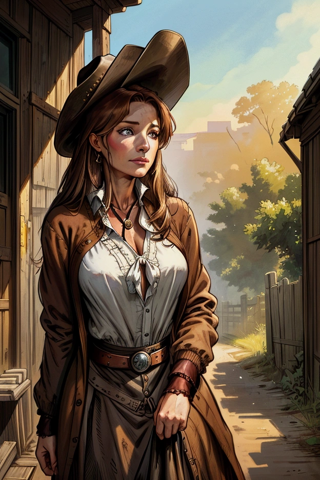 A Western Scene from the 1870, Realistic oil painting, portrait of a female dr Quinn style (striking resemblance to Jane Seymour 3)) long brown hair, ((head down from the front hide by her cowboy hat)), standing in the middle of street in the sober dirty countryside town in 1870s, realistic oil painting. she is a doctor. It's a sweet and romantic paintings , soft afternoon spring sunlight bathes the scene, creating a warm and inviting.) artstation, concept art, smooth, sharp focus, illustration,(inspired by Constance-Anne Parker, Carne Griffiths and Wadim Kashin) The scene is captured in a dramatic, almost cinematic style, with bold colors and strong contrasts. she wears a white puffy shirt with a mahogany collar, an open leather cardigan,and a bandanna around the neck. light coming from behind right 