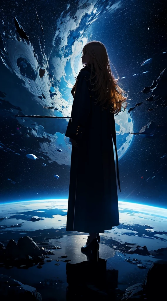 1people々々々々々々々々々々々々々々々々々々,Blonde long-haired woman,Long coat, Dress Silhouette, Rear View,Space Sky, cracked earth,