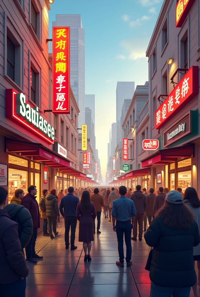 I want 2 businesses with many customers outside queuing to enter the business to buy. I want to make a branding strategy. I want the most realistic image.
