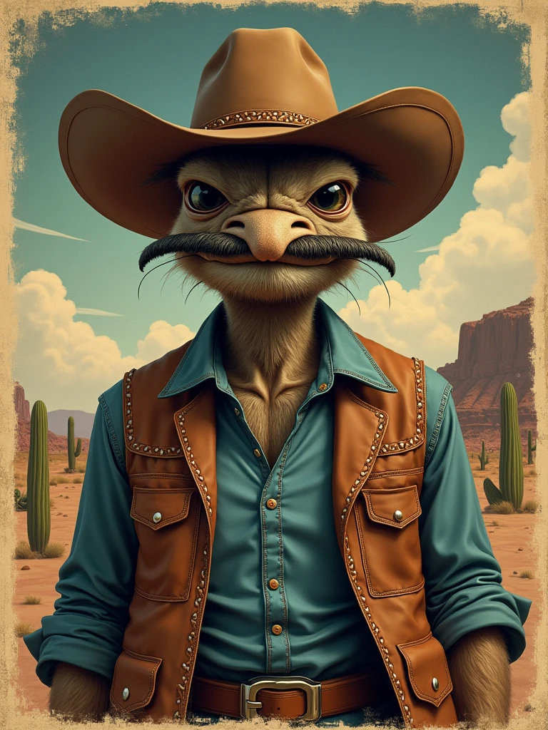 Create a high-quality vintage poster. about a mosquito that's a cowboy - imagine
