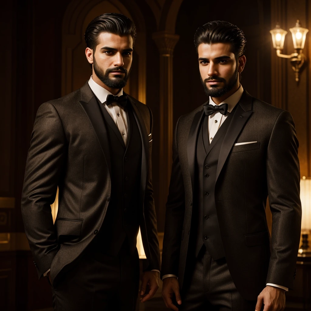 a young handsome 2 man with chiseled features, arabic, wearing a formal suit, with a clean-shaven beard, dramatic lighting, cinematic pose, intricate details, high contrast, dramatic shadows, warm color tones, cinematic angles, hyper-realistic, 8k, masterpiece, piel semiclara