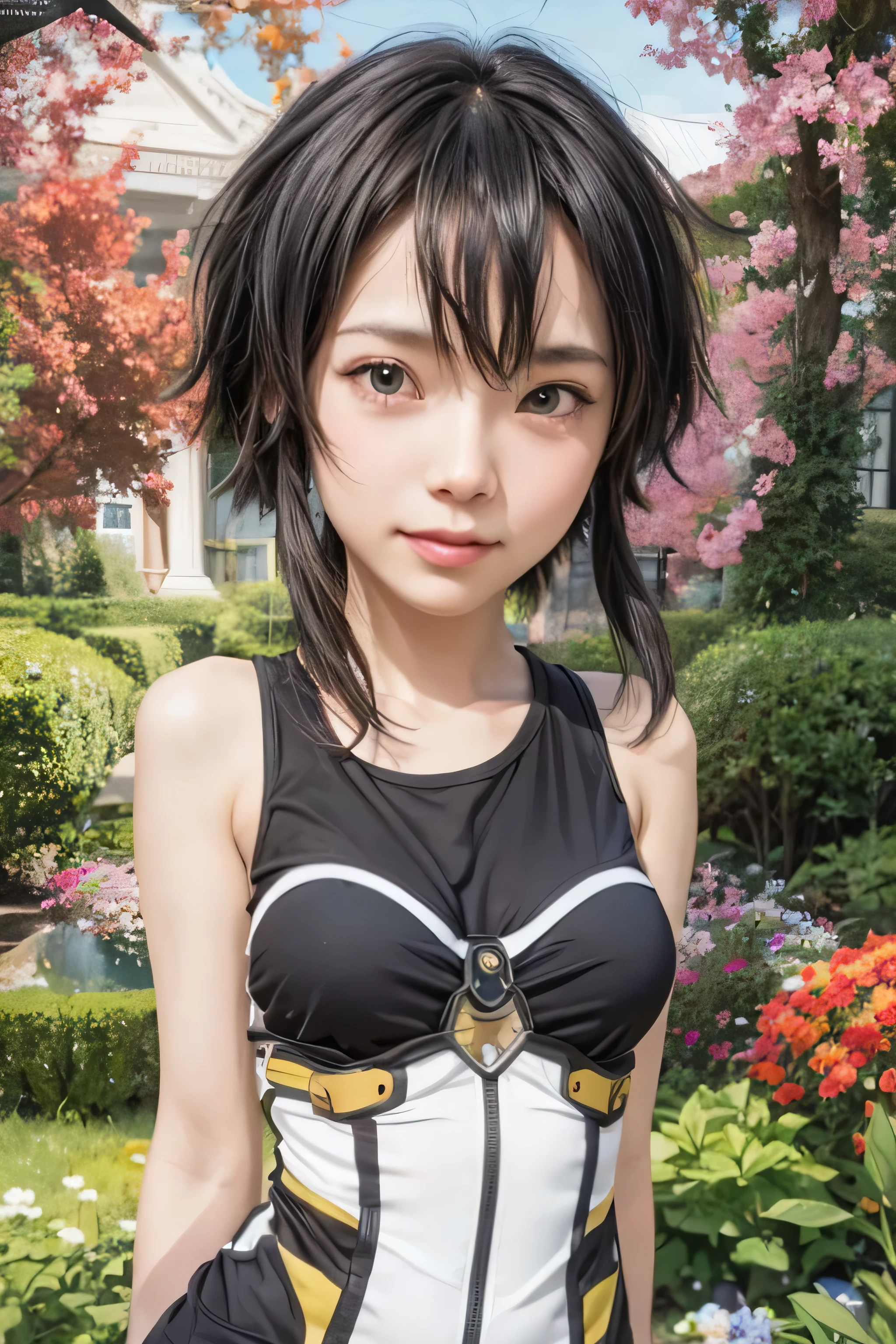 masterpiece, best quality, (realistic,photo-realistic:1.4), (RAW photo:1.2), extremely detailed CG unity 8k wallpaper, delicate and beautiful, amazing,finely detail, official art, absurdres, incredibly absurdres, huge filesize, ultra-detailed,extremely detailed eyes and face,light on face,sinon,(little smile),(black hair:1.4),(short hair:1.4),(wearing tank top:1.5),(windows background:1.4),(sidelocks:1.4),hair clips