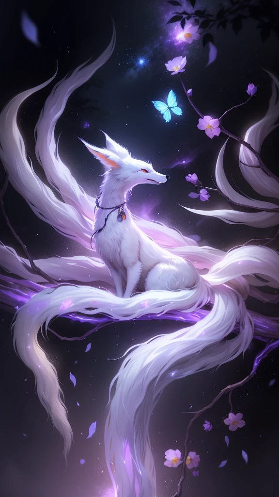 白いNine-Tailed Foxのキツネが枝に座っています,White hair all over the body,Nine-Tailed Fox,There are flowers on the branches,There are butterflies,Mysterious environment,Night Background、High resolution, solo, masterpiece, Highest quality,