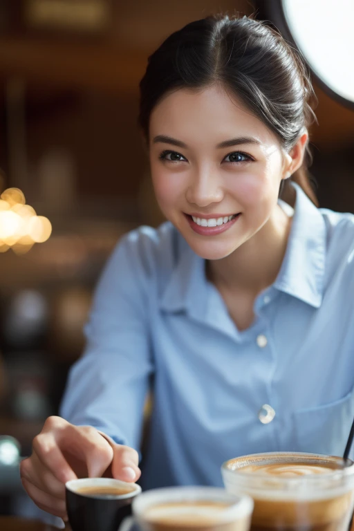 (8k, RAW photo, best quality, masterpiece), (photorealistic), outstanding details, ultra-high resolution, anatomically correct, textured skin, (Extremely precise and accurate anatomy),
Ultra Detailed Face, Detailed Eyes,
1 Girl, (barista) , ( barista uniform) , forehead, (pulled back hair:1.2) ,
(Cute Japanese girl , 1 ), light smile,
cinematic lighting in the hair, hair light, wind in the hair,
(open cafe), coffee,
(backlighting),
(reflection light from below:1.4),
atmospheric perspective, depth of field,
(dramatic lighting), cinematic lighting,