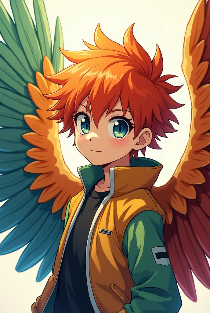 Teen boy with orange green and blue wings, orange hair, anime, by Kohei Horikoshi