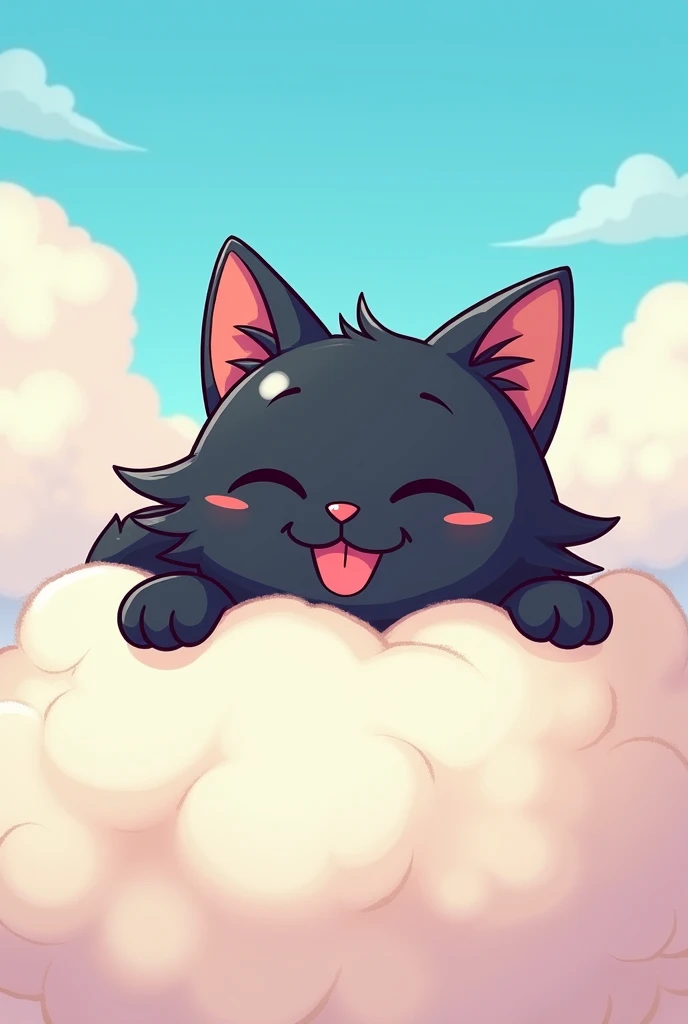A black cat with its neck down on top of a.cloud all in cartoon with the tongue out